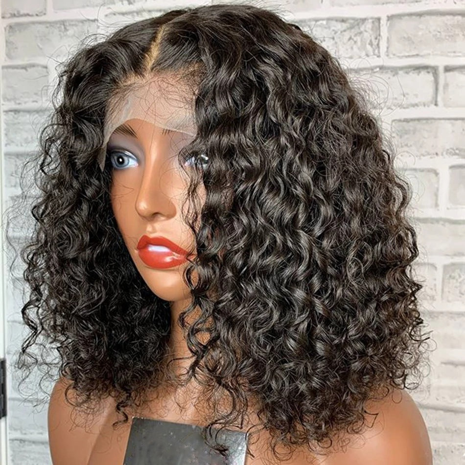 Fluffy Black Small Curly Lace Wig – Medium-Length T-Shaped Design