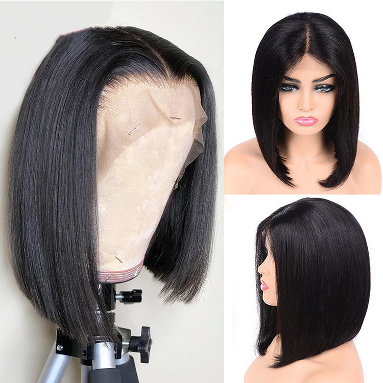 Front Lace Black Short Straight Hair Wig | 12"–26" Length | High-Temperature Silk | Half Hand-Woven Headgear