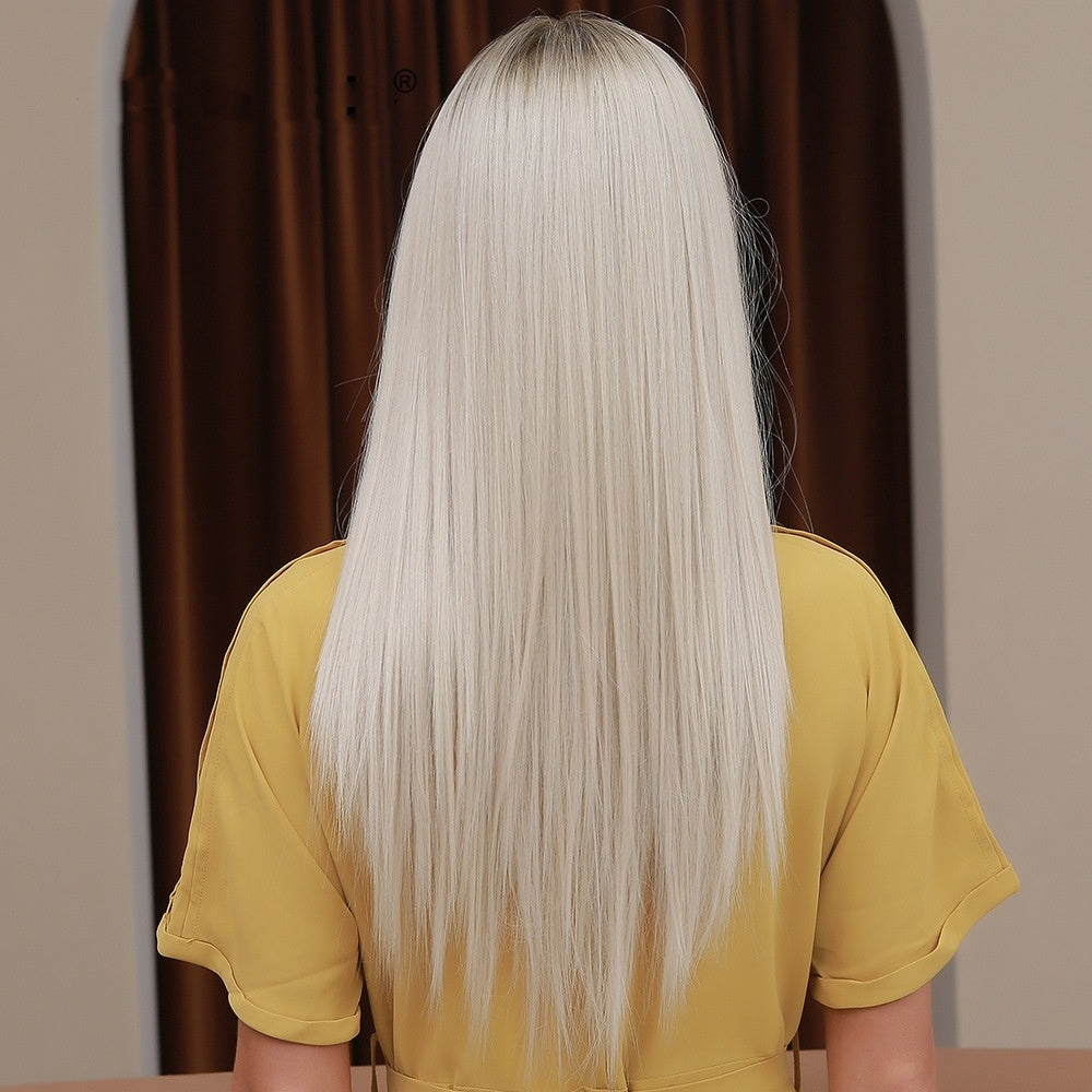 Front Lace Mid-Length Platinum Long Straight Hair Wig | Star Fashion Style | Domestic Silk | Non-Hot Dye