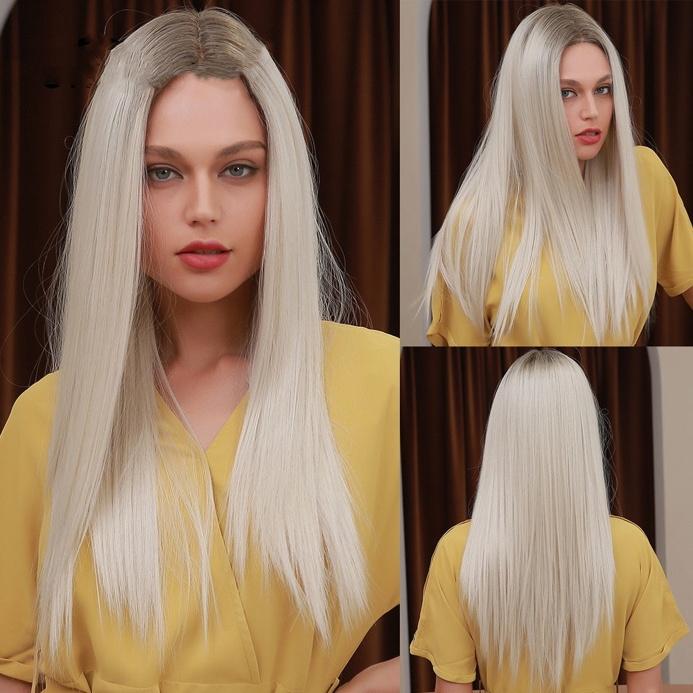 Front Lace Mid-Length Platinum Long Straight Hair Wig | Star Fashion Style | Domestic Silk | Non-Hot Dye