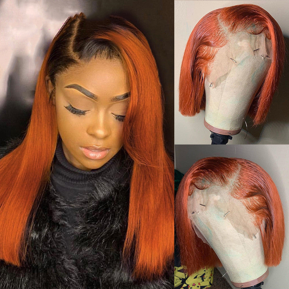 Gradient Color Short Bob Wig – Orange Lace Front Human Hair, 8" & 16" Lengths, Dyeable, 150% & 180% Density3