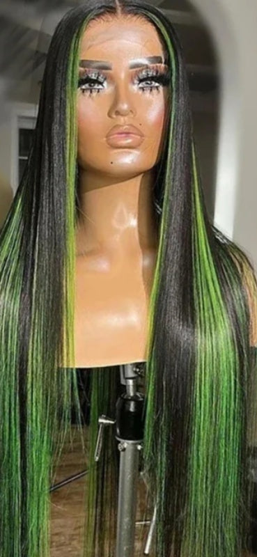 Green Highlight Straight Hair Lace Wig – Human Hair, 13x4 & 13x6 Lace Front, Customizable Lengths, Perfect for All Skin Tones2