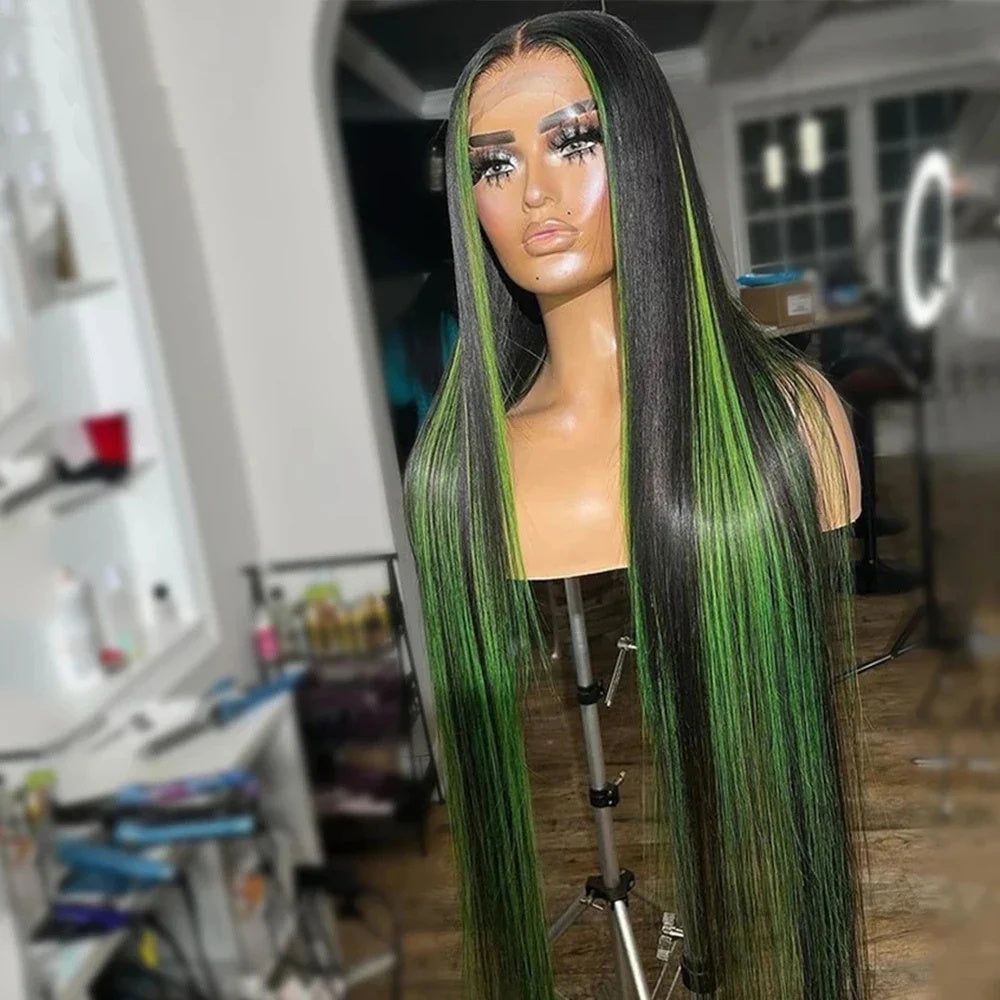 Green Highlight Straight Hair Lace Wig – Human Hair, 13x4 & 13x6 Lace Front, Customizable Lengths, Perfect for All Skin Tones3