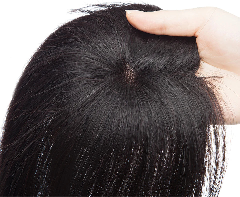 Premium Human Hair Topper with Bangs – 100% Real Hair, Straight, Natural Hairline