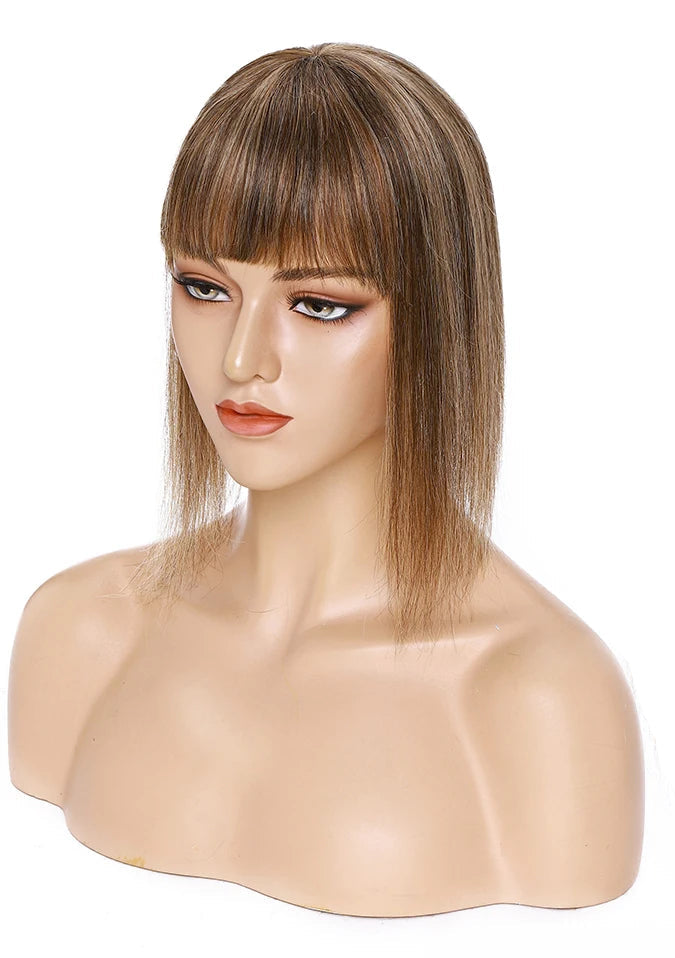 Premium Human Hair Topper with Bangs – 100% Real Hair, Straight, Natural Hairline