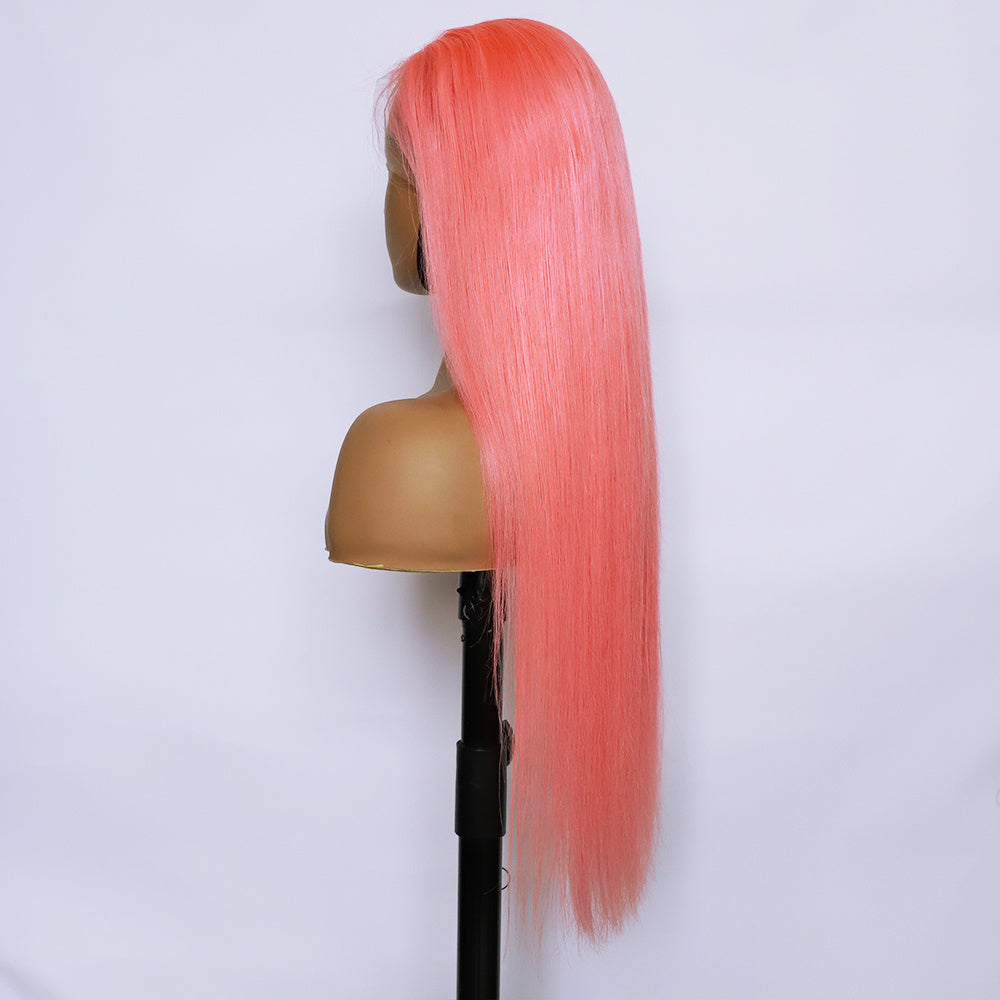 Human Hair 13x4 Front Lace Light Pink Straight Stripe Wig with Headband – Natural Look, Dye & Heat Resistant, Available in Multiple Lengths2