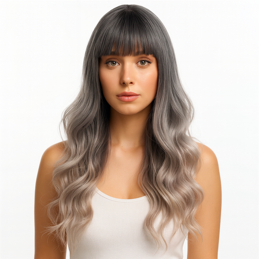 Long Curly Cosplay Wig – 2 Tone Ash Blue Fading Light Pink Synthetic 65cm