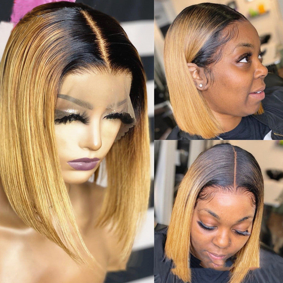Luxurious Ombre Straight Human Hair Short Bob - Star Fashion Half Lace Wig4