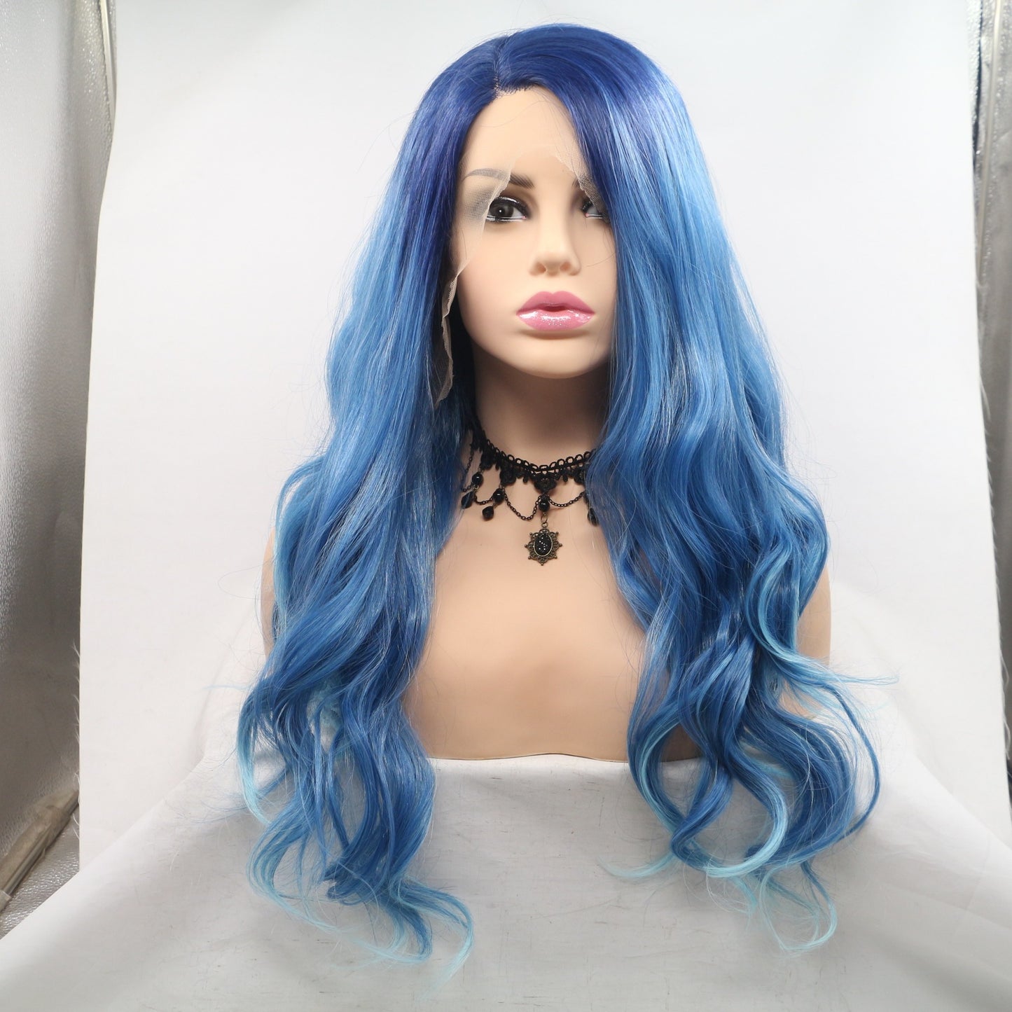 Matte Blue Long Curly Hair Wig with Middle Part and Front Lace - Fashionable Chemical Fiber Design