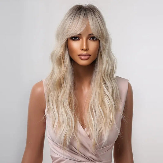 Ombre Blonde Long Curly Synthetic Wig - Heat Resistant, Natural-Looking Waves