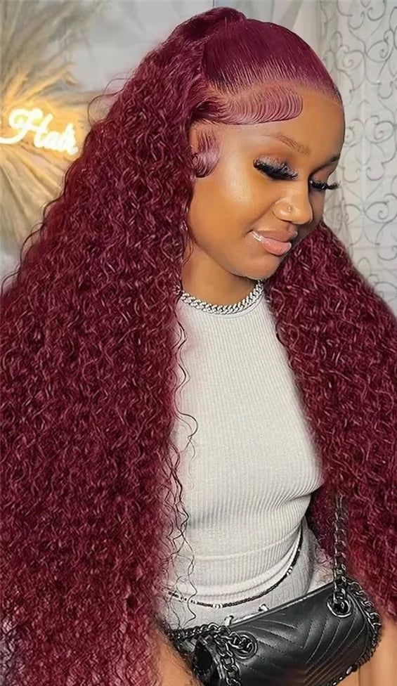 Premium Burgundy Curly Lace Front Wig – 100% Hair, 13x4/13x6 Lace, 26+ Inches, 180%-200% Density