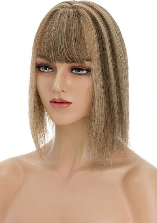 Premium Human Hair Topper with Bangs | Straight Silk Base 100% Real Hair