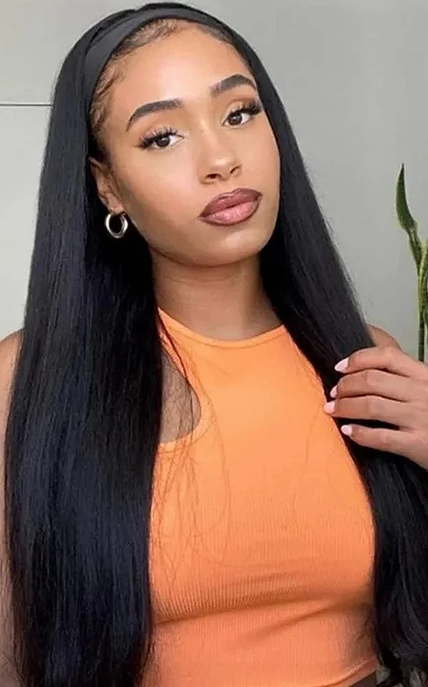Peruvian Straight Headband Wig – Non-Human Hair, Natural Black, 10-28 Inches