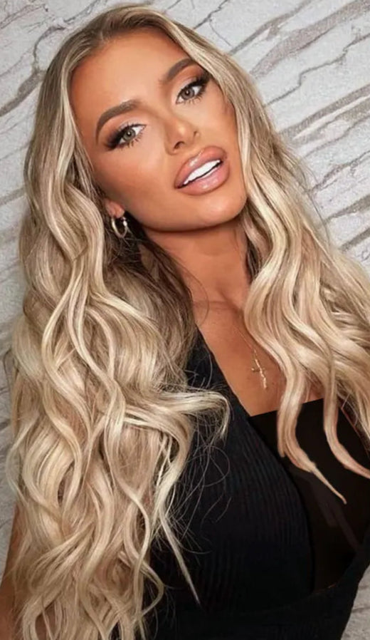 24-Inch Brunette Highlights Balayage Synthetic Clip-In Hair Extensions - Body Wave, Tangle-Free & Silky Smooth