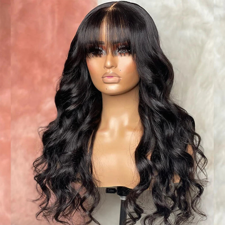 Body Wave Human Hair Wig with Bangs – 3x1 Glueless, 180% Density, Natural Black, Long Lengths (18–30 Inches)
