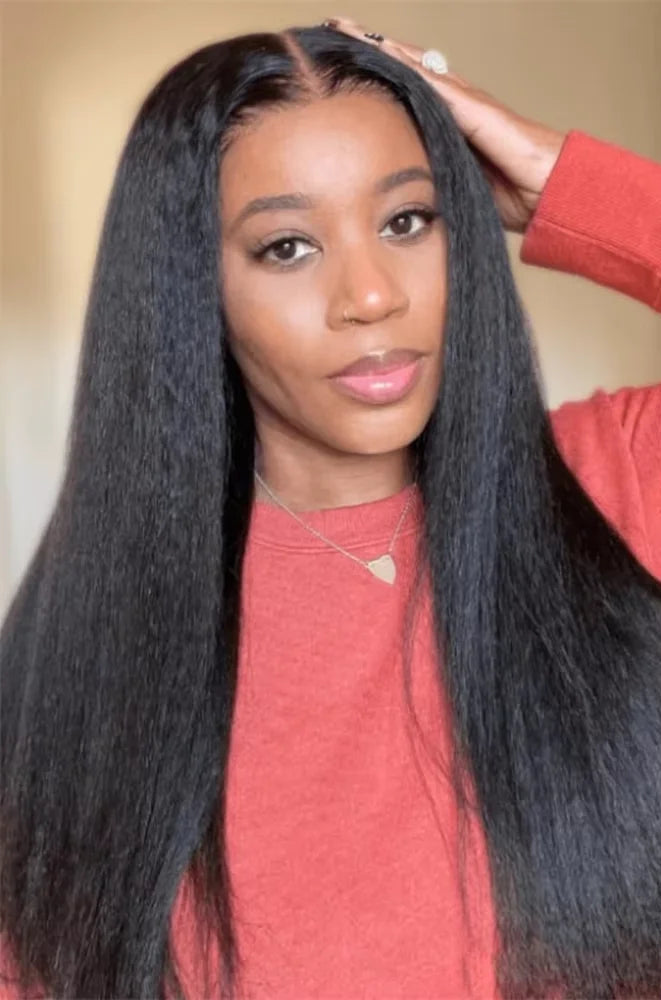 360 Lace Front Kinky Straight Human Hair Wig – Natural Look, Long 26+ Inches, Transparent Swiss Lace