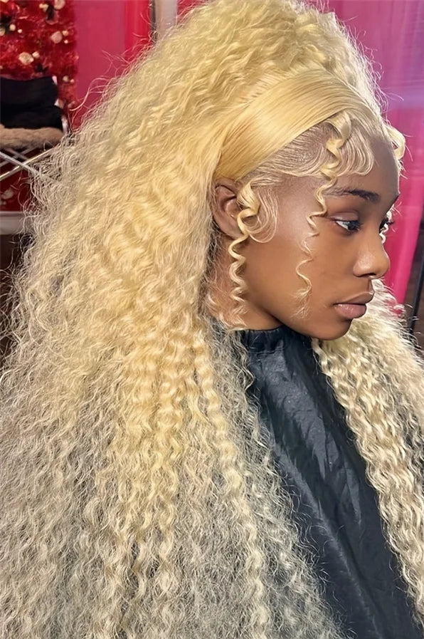 613 Blonde Curly Lace Front Wig – 26+ Inch Hair, Transparent Swiss Lace