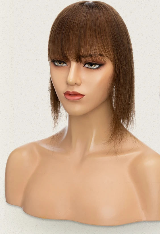 100% Human Hair Topper with Bangs – Natural Silk Base, Multiple Colors & Lengths