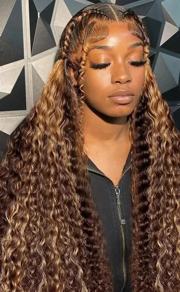 13x4 Highlight Curly Lace Front Wig – Honey Blonde Deep Wave, 100% Hair