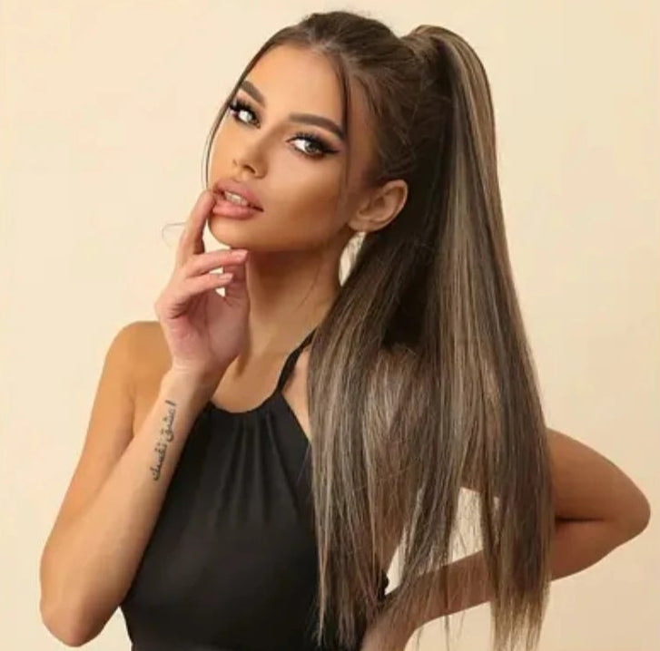 Long Straight Synthetic Ponytail Extension Clip Wrap – Heat-Resistant, Durable Brown Hairpiece for Women