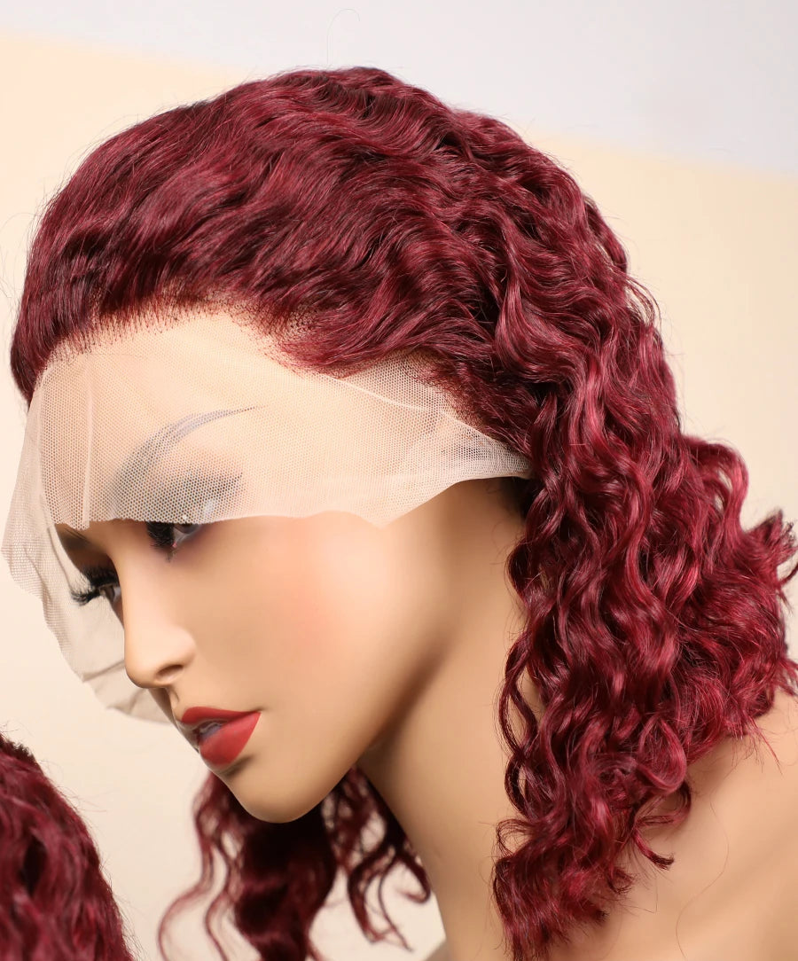 99J Burgundy Water Wave Lace Front Wig – 100% Hair, Pre-Plucked, 13x4 HD Lace, 180%-200% Density