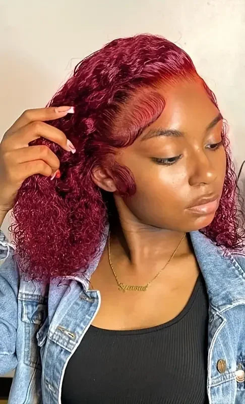 99J Burgundy Water Wave Lace Front Wig – 100% Hair, Pre-Plucked, 13x4 HD Lace, 180%-200% Density