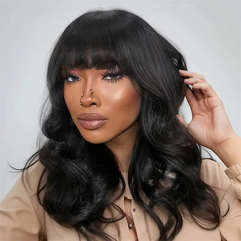 Body Wave Bob Wig with Bangs – Short Wavy Human Hair Wig, Glueless, Full Density, Wear & Go