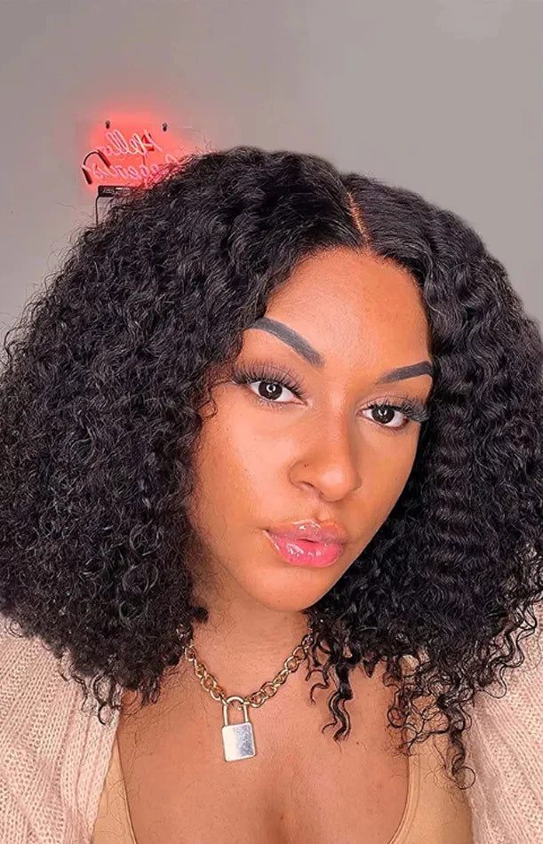 Glueless Wear-and-Go Virgin Curly Bob Wig – 100% Human Hair, 10-18 Inch, Natural Black
