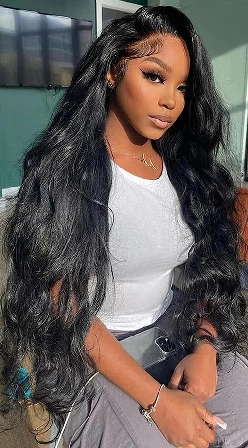 40-Inch Body Wave Human Hair Wig – HD Lace Front, Natural Black, 180-200 Density, Long-Lasting Quality