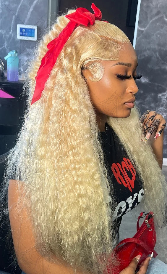613 Blonde Curly Lace Front Wig – 26+ Inch Hair, Transparent Swiss Lace