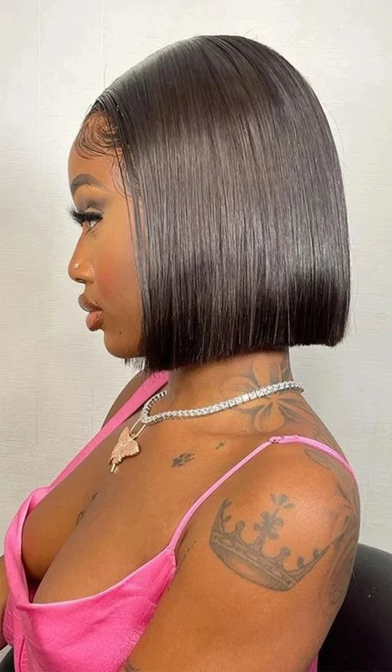 Premium Straight Lace Front Wig – 100% Human Hair, Transparent Swiss Lace, Short Length (4-16 Inch), Customizable Color