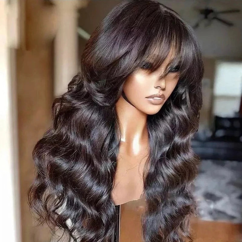 Body Wave Human Hair Lace Front Wig with Bangs – 13x4 Transparent Lace, Glueless, High Density, Available in Multiple Lengths