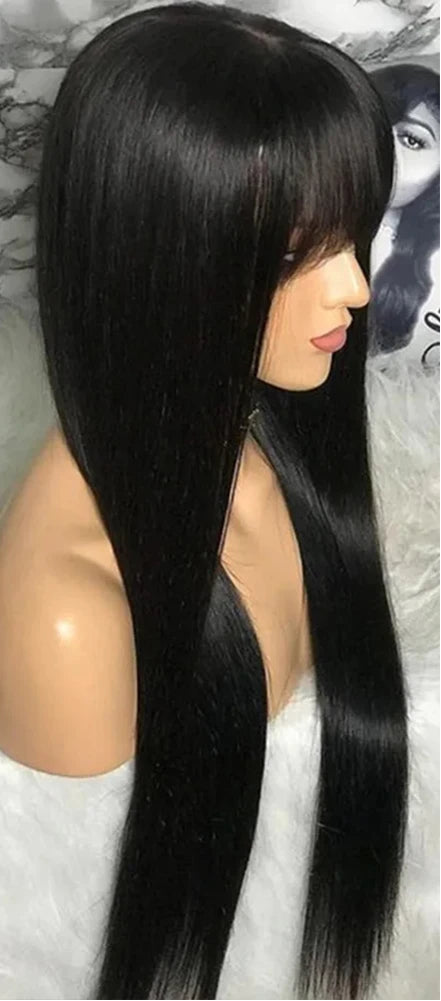 Finros 3x1 Straight Human Hair Wig – Long 26+ Inch, Glueless Pre-Plucked Wig with Bangs