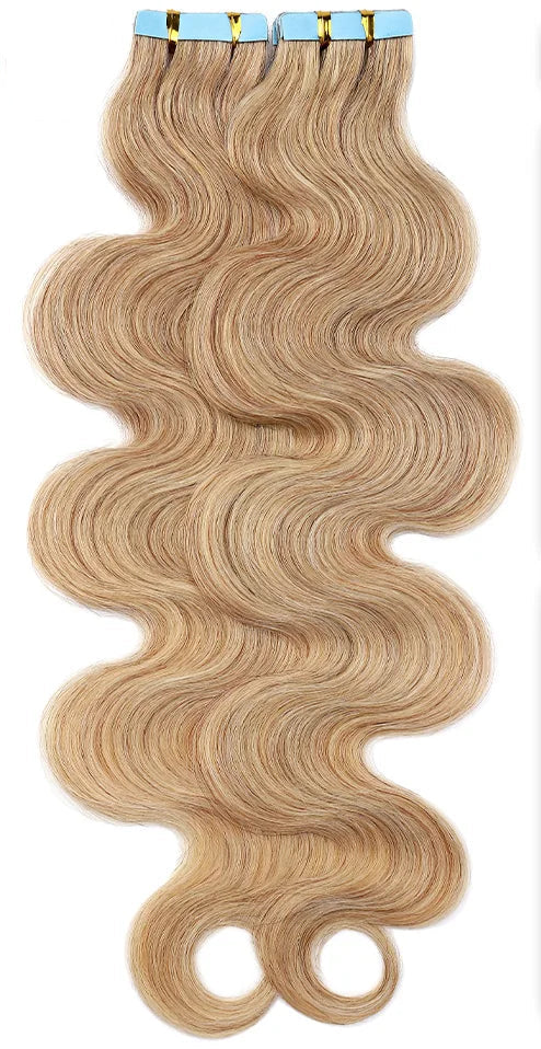 Premium Tape In Hair Extensions – 100% Human Hair, Wavy, Ombre & Piano Colors, 12" to 24", Reusable, Length & Volume Enhancement, Dyeable & Permed