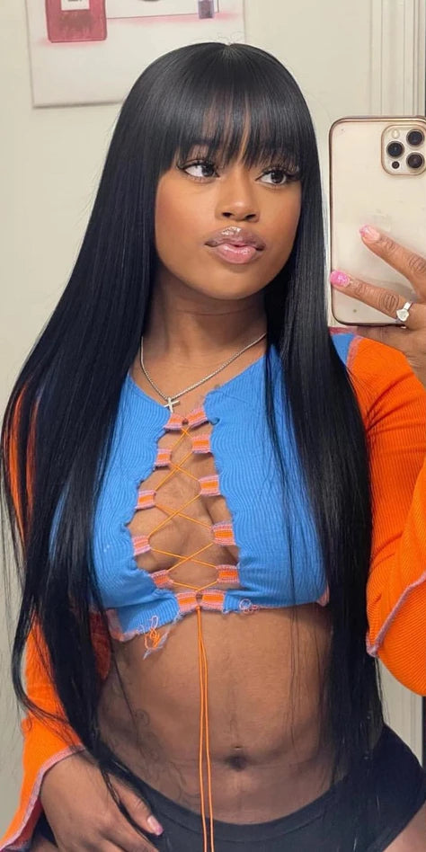 30-Inch 100% Human Hair Straight Wig with Bangs – HD Lace Frontal, Natural Off-Black