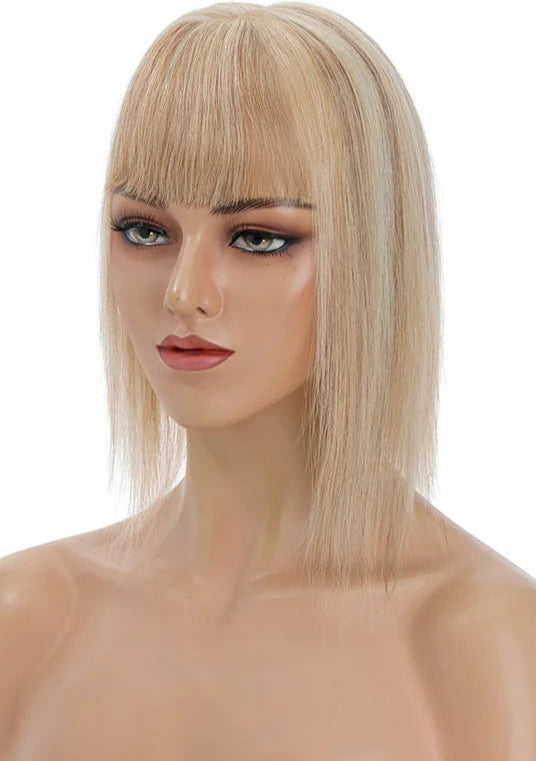 Premium Human Hair Topper with Bangs | Straight Silk Base 100% Real Hair