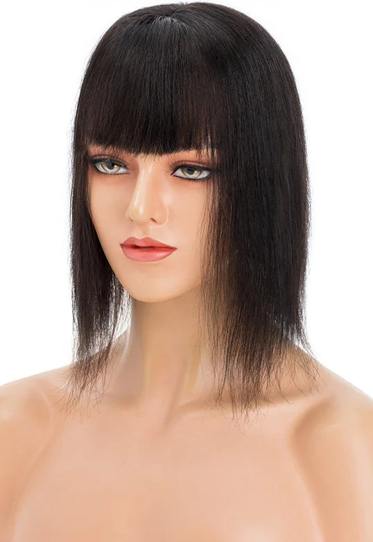 Premium Human Hair Topper with Bangs | Straight Silk Base 100% Real Hair