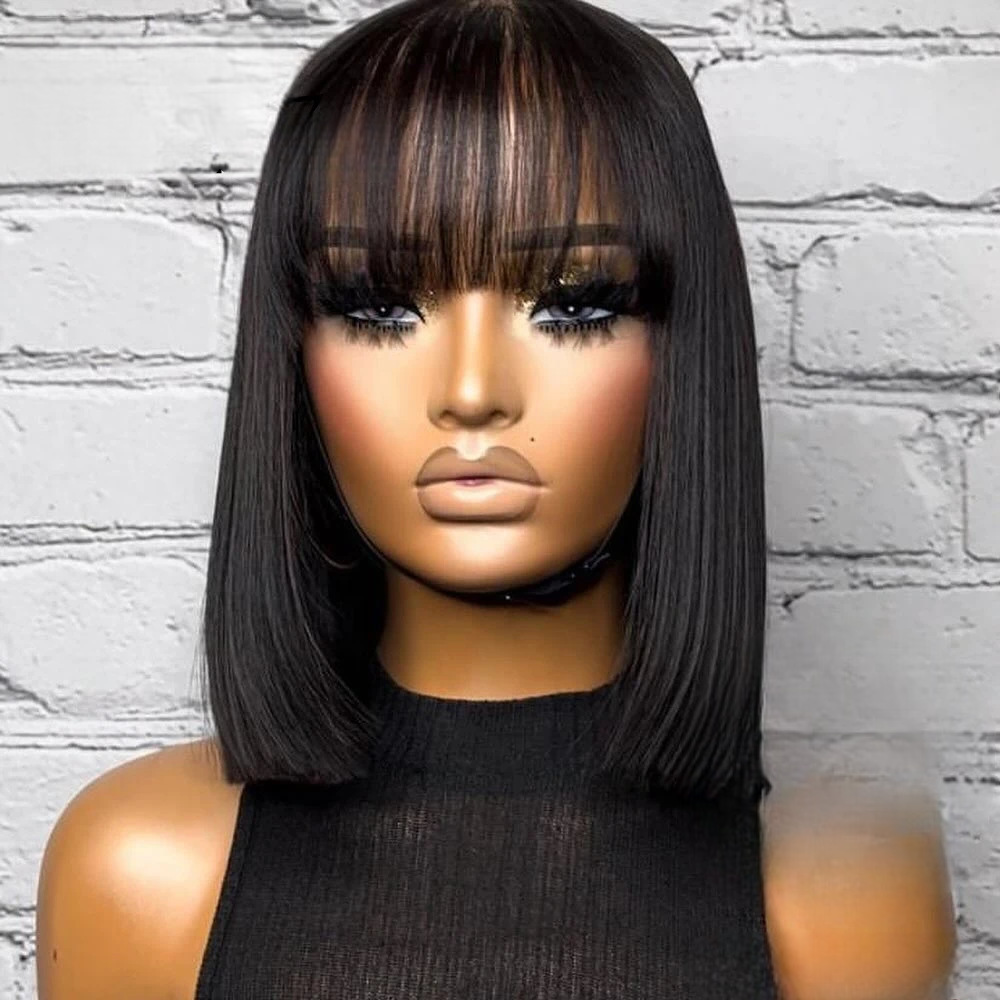 100% Straight Human Hair Bob Wig with Bangs – Realistic Scalp, Lightweight, Adjustable Cap Size