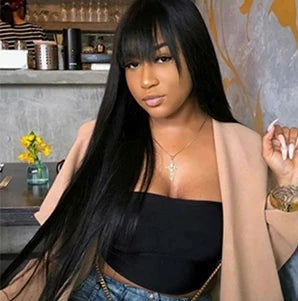 Finros 3x1 Straight Human Hair Wig – Long 26+ Inch, Glueless Pre-Plucked Wig with Bangs