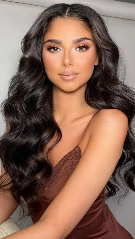 24-Inch Brunette Highlights Balayage Synthetic Clip-In Hair Extensions - Body Wave, Tangle-Free & Silky Smooth