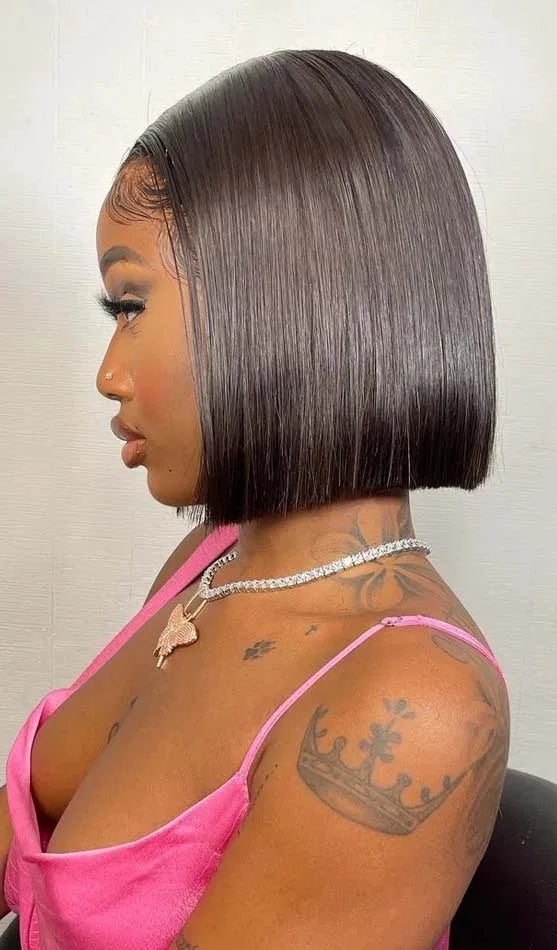 Natural Black Straight Bob Wig – 13x4 Transparent Lace Frontal Human Hair, Short Length, 180%-200% Density