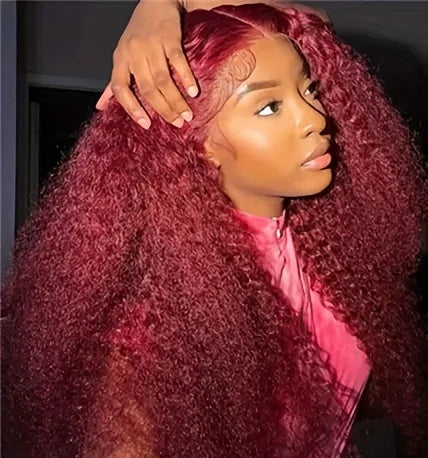Premium Burgundy Curly Lace Front Wig – 100% Hair, 13x4/13x6 Lace, 26+ Inches, 180%-200% Density