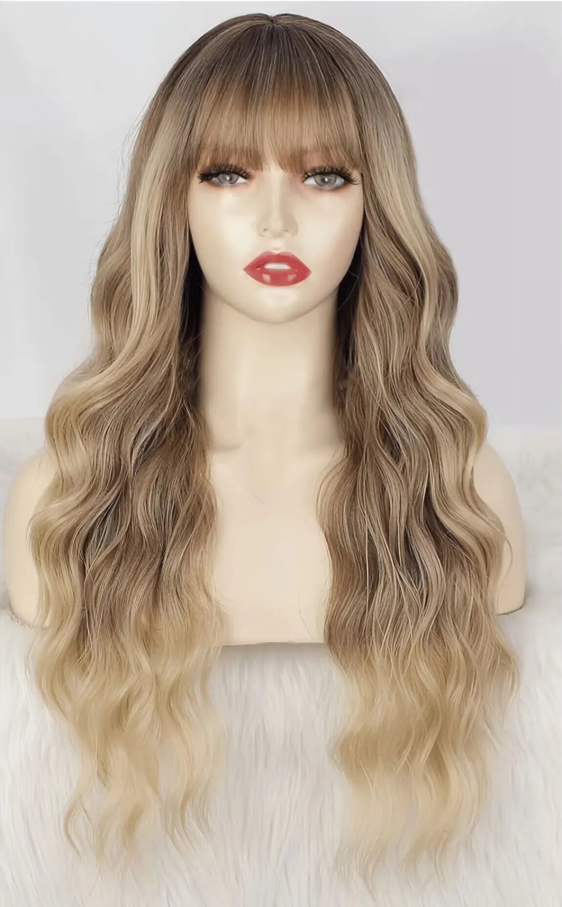 Dirty Blonde Loose Wave Synthetic Wig with Bangs – Heat-Resistant Daily Wear Wig