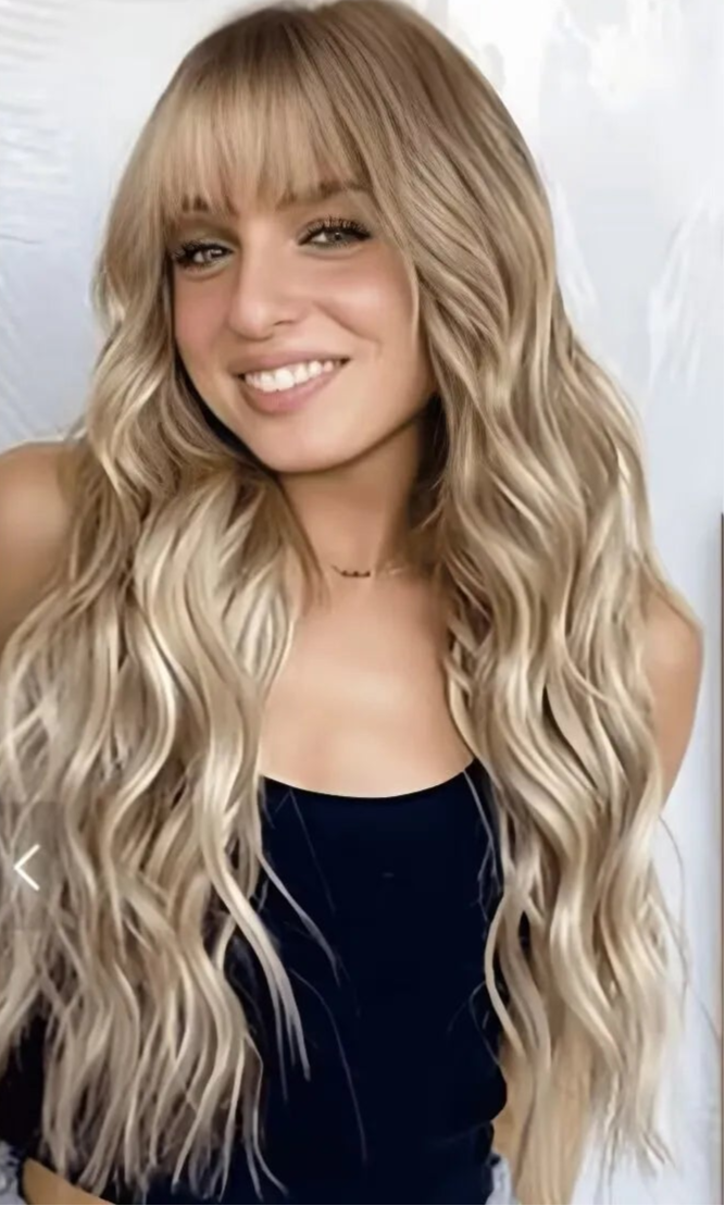 Dirty Blonde Loose Wave Synthetic Wig with Bangs – Heat-Resistant Daily Wear Wig