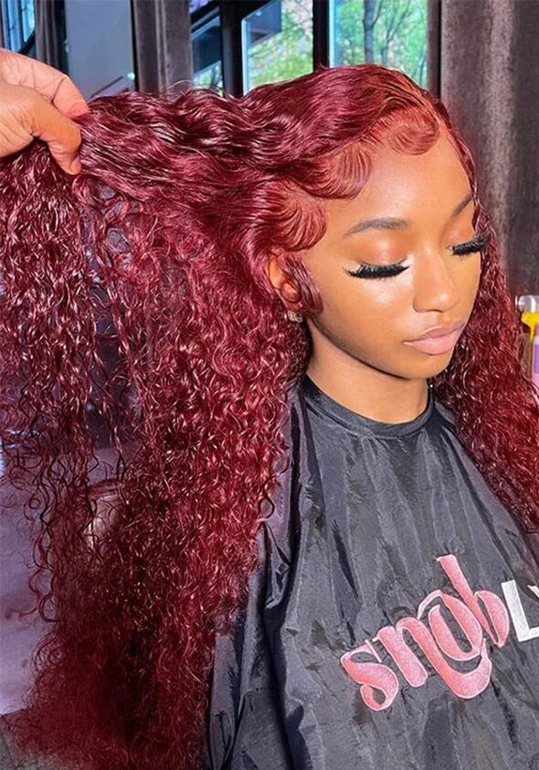 Premium Burgundy Curly Lace Front Wig – 100% Hair, 13x4/13x6 Lace, 26+ Inches, 180%-200% Density
