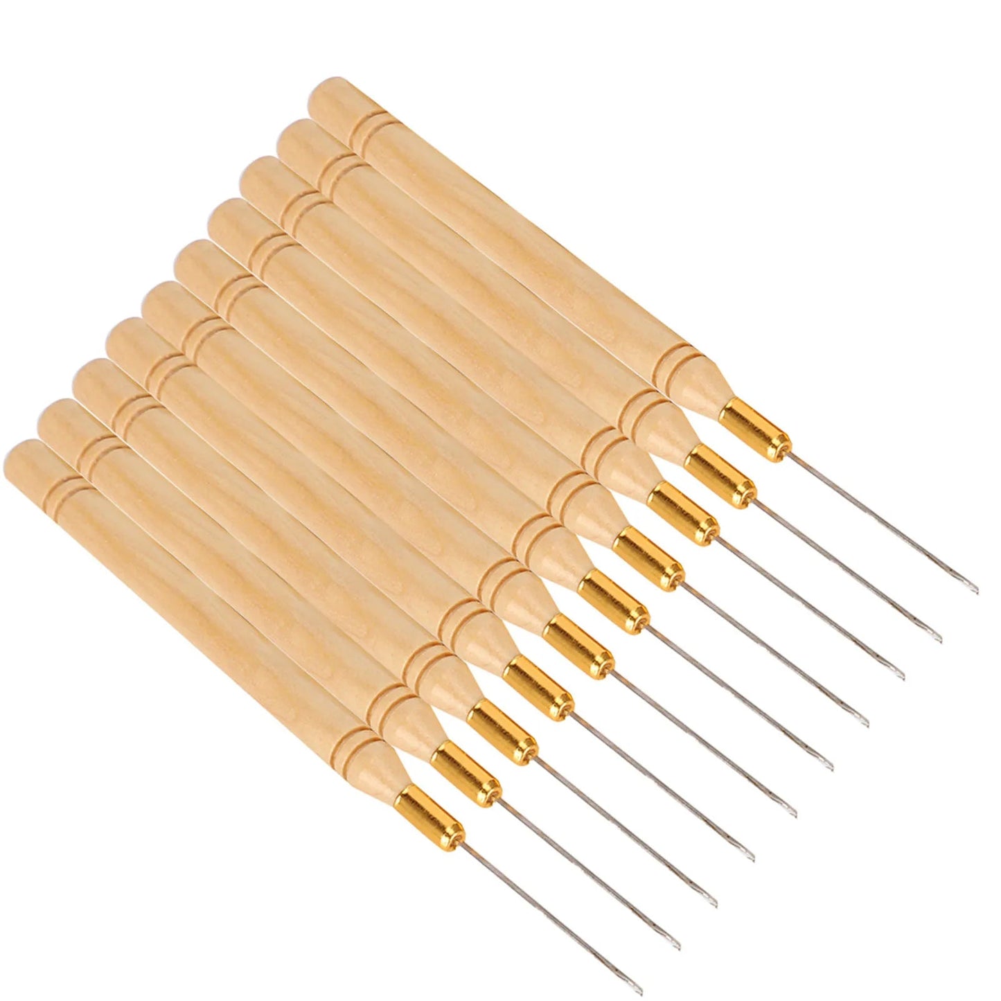 10PCS Stainless Steel Hair Extension Hook Needles - Professional Hair Styling Tool with Ergonomic Wooden Handle