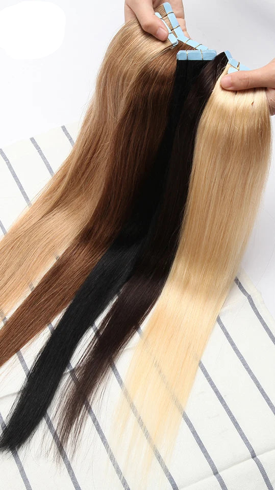 Luxury Tape In Hair Extensions – 100% Real Human Hair, Straight Texture, Black/Brown/Blonde, 16"-24", Thick & Seamless for Volume and Length