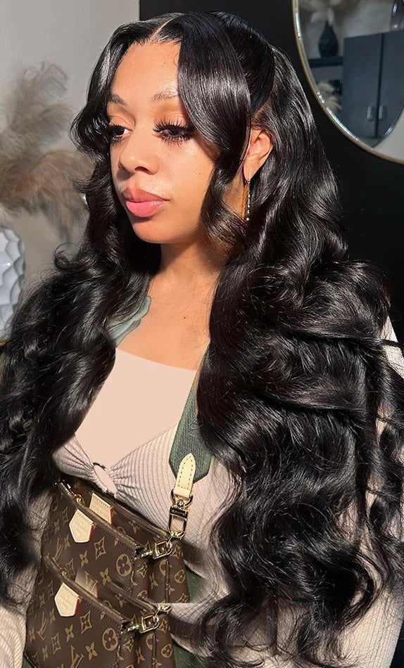 40-Inch Body Wave Human Hair Wig – HD Lace Front, Natural Black, 180-200 Density, Long-Lasting Quality