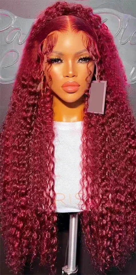 Premium Burgundy Curly Lace Front Wig – 100% Hair, 13x4/13x6 Lace, 26+ Inches, 180%-200% Density
