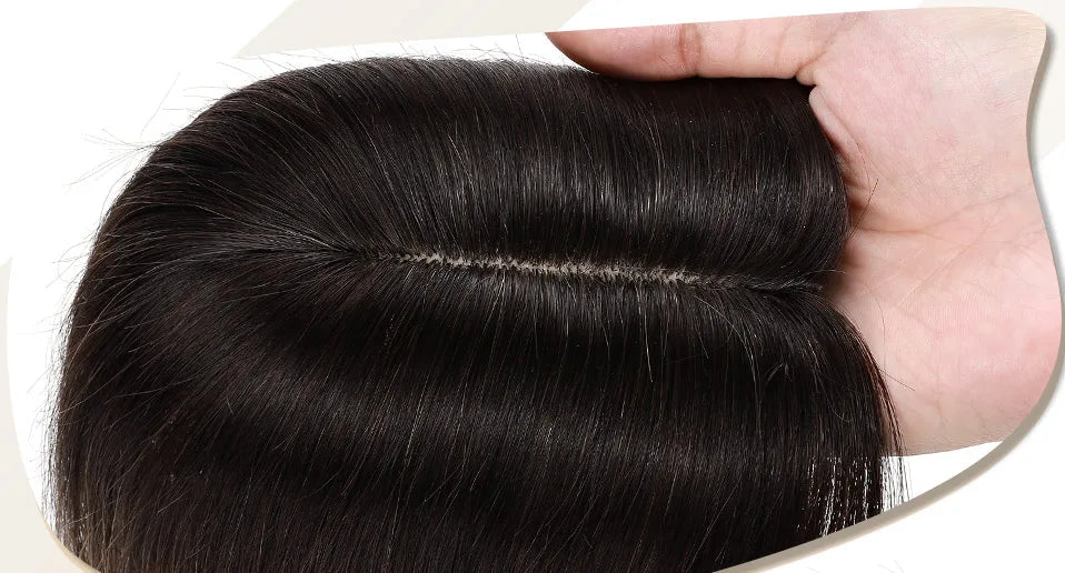 100% Human Hair Topper with Silk Base - Straight Hair, Center Part, Tangle-Free & Natural Hairline